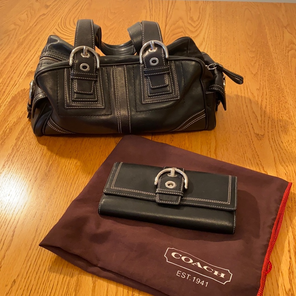 Coach Satchel with Matching Wallet Black Leather with Buckle Accents